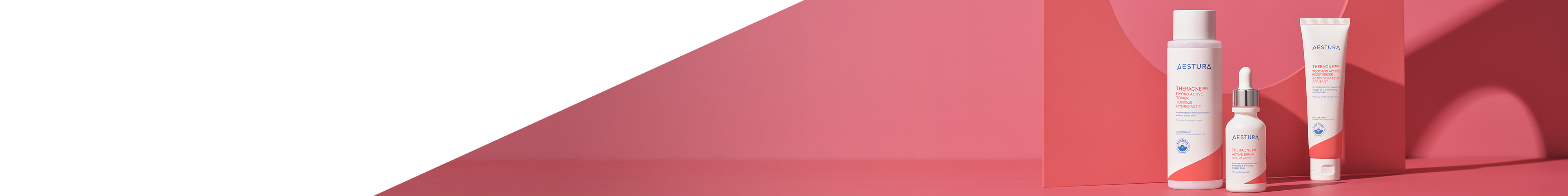 Aestura Theracne skincare products displayed against a bold pink background, highlighting their active skin solution line.