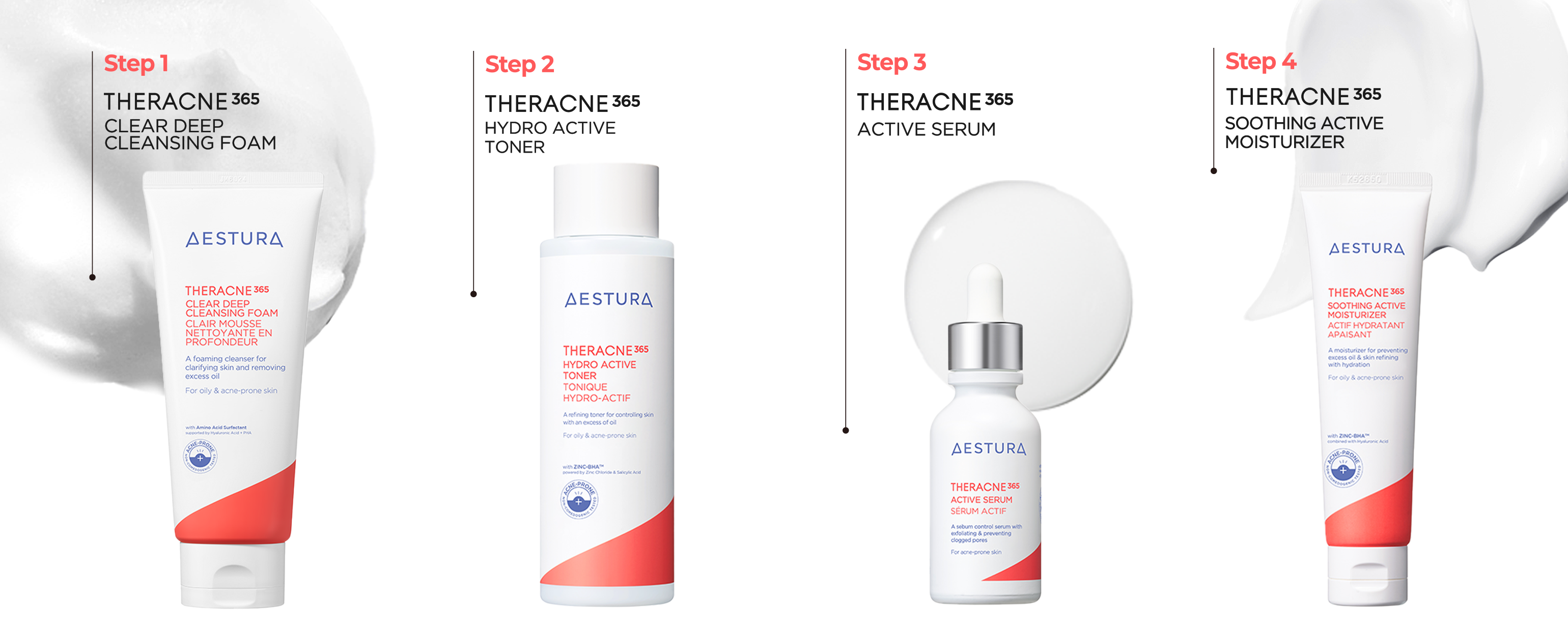 Step1 TERACNE365 clear deep cleasing foam, Step2 TERACNE365 Hydro active toner, Step3 TERACNE365 Active serum, Step4 TERACNE365 Soothing active moisturizer