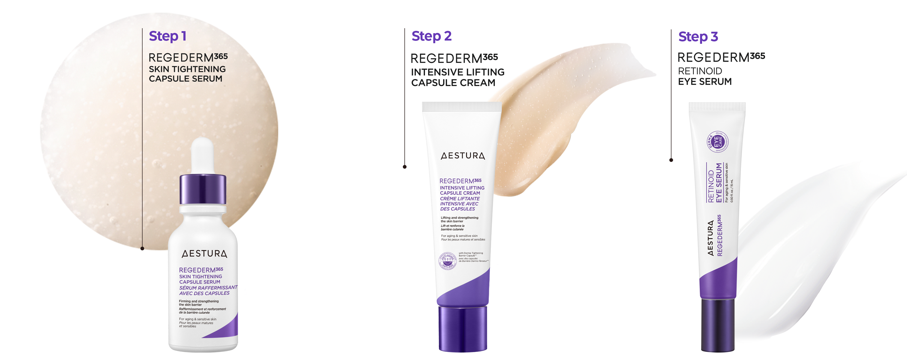 step1 REGEDERM365 skin tightening capsule serum, step2 REGEDERM365 intensive lifting capsule cream, step3 REGEDERM365 retinoid eye serum